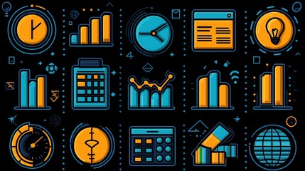 Poster - Minimalist line icon collection featuring 15 various statistics data and business analytics visualization elements  Includes charts graphs dashboards and other infographic design components