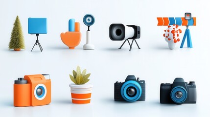 Poster - Minimalist set of 15 line icons showcasing various video production and photography equipment such as other related objects on a clean white background
