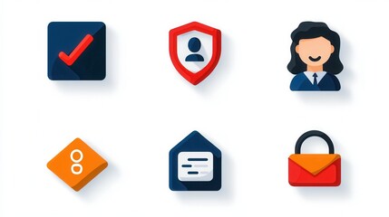 Poster - Minimalist set of 15 outline icons visualizing computer security business and identity management concepts  Includes icons for checkmark shield user profile link lock and briefcase