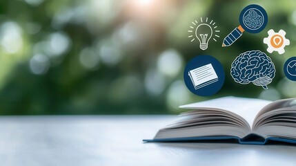 Poster - minimalist workspace with a collection of outline icons symbolizing intellectual growth learning edu