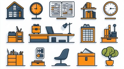 Poster - Minimalist set of 15 workaholic themed outline icons for a productive and organized workspace  This collection includes various office equipment technology