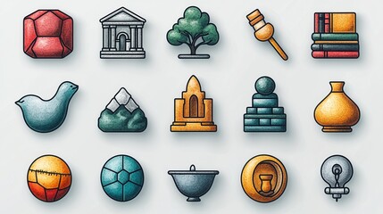 Poster - This image showcases a modern and creative set of 15 minimalist line icons  covering a range of architectural  nature  and decorative conceptual designs  The icons feature simple geometric shapes