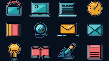 Poster - A modern set of 15 outline icons depicting various digital tools and applications related to distance learning remote analysis information management and overall productivity in the digital age