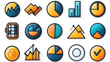Poster - A collection of modern statistical data icons in a flat outline style featuring various geometric shapes and minimalist design elements