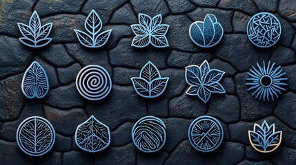 Poster - Organic and eco themed collection of 15 stylized outline leaf icons in minimalist monochrome colors  The set includes various geometric