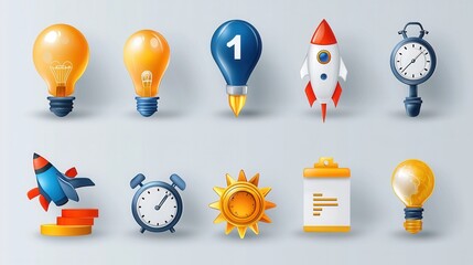 Poster - A comprehensive collection of productivity and efficiency icons featuring various symbols and design elements such as light bulbs rockets clocks suns and documents