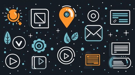Poster - Elegant and modern collection of 15 minimalist outline icons featuring various symbols and elements for digital interface  communication tools  data systems  technology applications