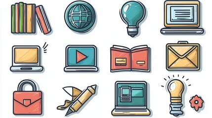 Poster - Diverse Collection of Minimal Outline Icons Featuring Various Technology and Digital Application Symbols in a Clean Simple and Flat Design Style