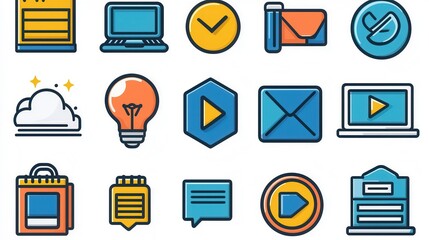 Poster - Comprehensive collection of 15 modern and minimalist outline icons showcasing a variety of digital and technology related symbols including devices communication tools media controls