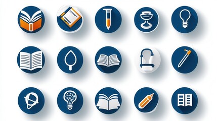 Poster - comprehensive collection of 15 outline icons representing various education science research and aca