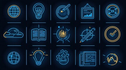 Poster - Comprehensive set of 15 modern and minimalist outline icons representing various aspects of digital technology business management and data analytics