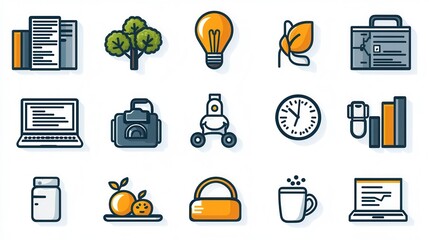 Poster - A collection of 15 minimalist outline icons representing various productivity tools equipment and symbols associated with a workaholic or efficient work environment