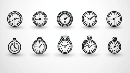 Poster - Set of 15 outline icons depicting a variety of time related devices and symbols including analog and digital clocks watches stopwatches alarms and other timepieces