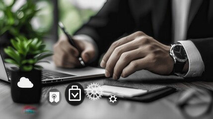 Poster - Businessman Working Diligently on Laptop at Office Desk with Indoor Greenery  Corporate Professional Focusing on Productivity Analysis and Strategy in a Clean Organized Workspace