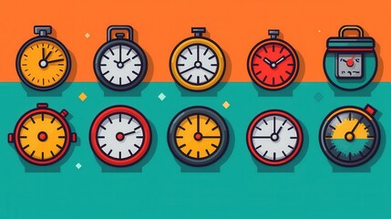 Poster - A collection of 15 outline icons showcasing a diverse range of time related symbols objects and concepts  From classic analog clocks and digital timers to hourglasses and sundials