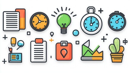 Poster - Set of 15 Outline Icons Representing Action Plan Goal Setting Task Management and Workflow Optimization for Efficient Business Development and Project Success