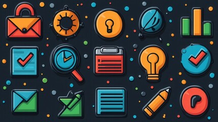 Poster - set of 15 outline icons representing various action plan business strategy analytics and productivit