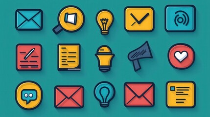 Poster - This comprehensive set of 15 outline icons represents a wide range of business and communication concepts  including meeting  conference  presentation  technology  discussion  planning  strategy