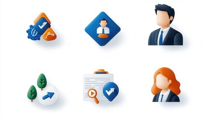 Poster - Set of minimalist outline icons representing the various elements and processes involved in organizing and managing a business or organization  These icons symbolize aspects like leadership teamwork