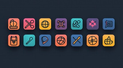 Poster - A set of 15 minimalist outline icons representing a variety of popular sports and recreational activities  The icons are designed in a modern