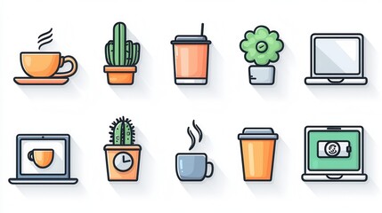 Poster - Set of 15 Outline Icons Representing the Workaholic Lifestyle Including a Coffee Cup Potted Cactus Laptop Computer and Other Office and Technology Accessories on a Minimalist Desk