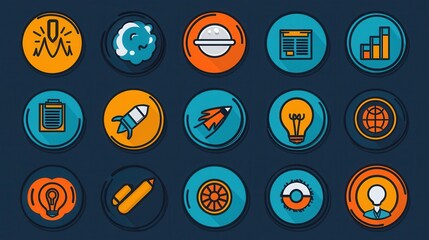 Poster - Set of Outline Icons Visualizing Corporate Teamwork and Business Strategies for Growth Success and Productivity  Representing Data Driven Decision Making