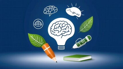 Poster - Conceptual depicting the process of innovative thinking and creative problem solving with icons representing the brain lightbulb and leaves as symbols of sustainable growth