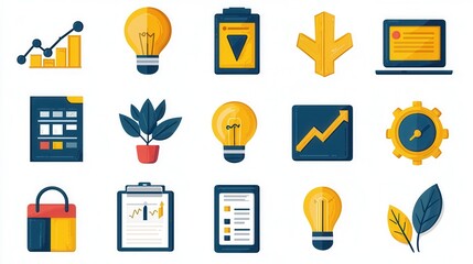 Poster - Stylish set of 15 line icons designed for business planning data analysis strategy development marketing and innovation  The icons represent various elements such as chart graph lightbulb workflow