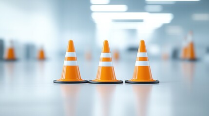 Poster - Three identical traffic cones with a glossy finish in a bright orange color resting on a reflective surface  The cones are commonly used as safety barriers and markers in construction sites