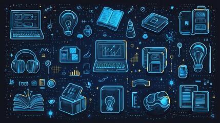 Poster - A unique set of 15 outline icons representing various modern digital technologies devices and tools  This minimalist and abstract depicts essential elements of the digital and technological world