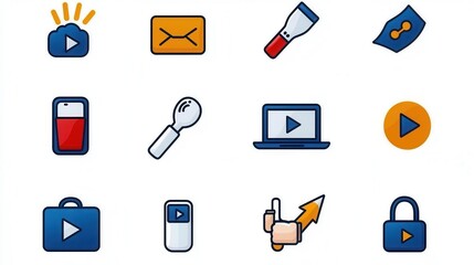 Poster - Comprehensive Video Player Control Icon Set featuring 15 outline style icons for media multimedia and digital applications