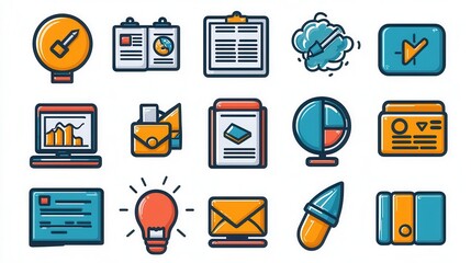 Poster - A unique set of 15 modern outline icons representing various digital business analytics  workflow  and management solutions