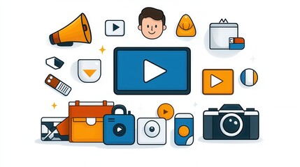 Poster - of a video related icon pack featuring 15 outline icons that depict various multimedia and production elements such as other digital media concepts