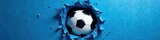 Soccer ball flies through small hole in blue filet , motion, flight, soccer