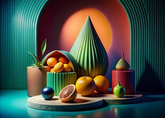 Poster - Geometric Fruit Design with Flowing Lines: Abstract Still Life Photography