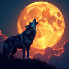 Wall Mural - Wolf howling at full moon, forest, wolf, wilderness