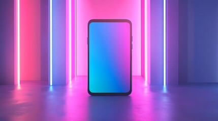 Poster - Vibrant Smartphone Display Illuminated by Colorful Neon Lights in a Modern Backdrop