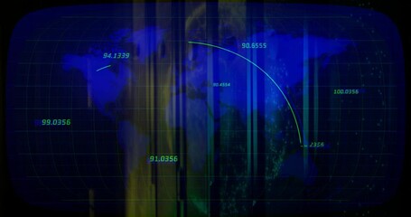 Poster - displaying animation of world map with lines and numerical data showing connections