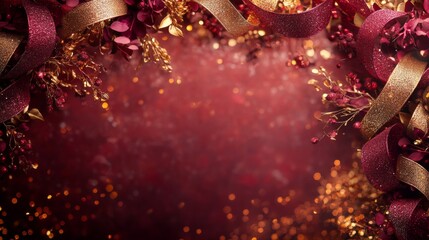 Poster - A luxurious arrangement of rich burgundy and gold-themed celebration elements, with ribbons and shimmering details on the left, while the right side remains clear for creative use, 32k Resolution.