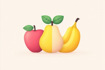 Poster - Minimalist fruit logo featuring abstract apple, pear, and banana set against a clean white background with a touch of softness and modern simplicity