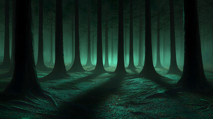 Wall Mural - A mysterious forest scene with towering trees casting long shadows over the ground, illuminated by an eerie green glow