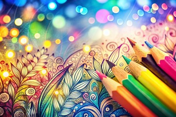 Poster - Hand-Drawn Pencil Shading & Naive Doodle Patterns Banner with Bokeh Effect