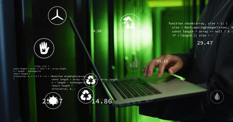 Poster - Typing on laptop with animation of sustainability icons and environmental data