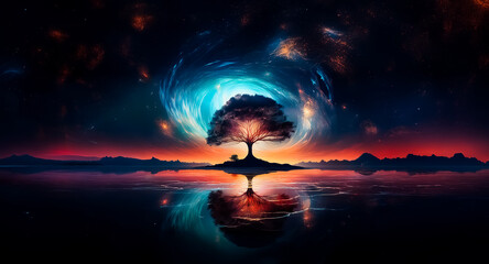 Canvas Print - tree silhouette reflects in water beneath a vibrant cosmic sky. celestial scene with nebula, stars, 