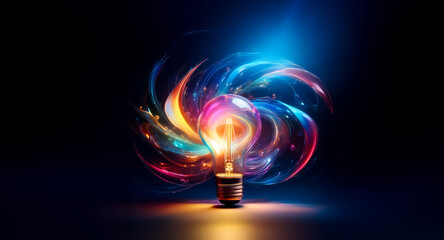 Poster - a glowing lightbulb in the darkness is encircled by a vibrant swirl of colors. the abstract and dyna