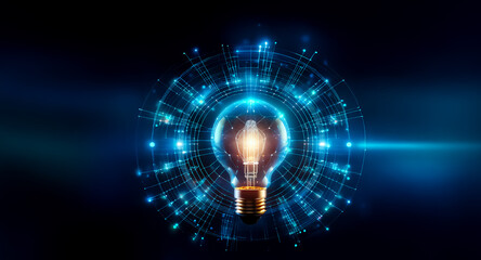Poster - glowing light bulb with bright filament encircled by digital pattern on dark blue. represents innova