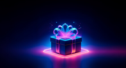 Sticker - a radiant gift box, adorned with a ribbon, emits neon blue and pink light, set against a dark backgr