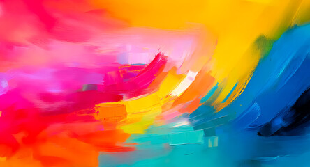 Aufkleber - abstract artwork with dynamic brushstrokes in vibrant pink, yellow, orange, and blue hues, creating 
