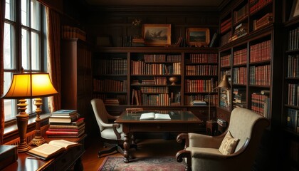 Poster - Cozy and Elegant Home Library with Classic Wooden Bookshelves