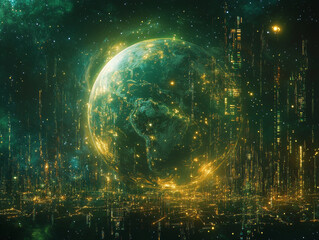 Poster - glowing Earth surrounded by digital data streams and cosmic elements